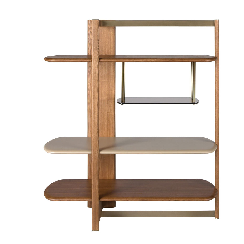 Left rectangular bookcase in light walnut and greige wood