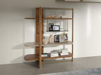 Left rectangular bookcase in light walnut and greige wood