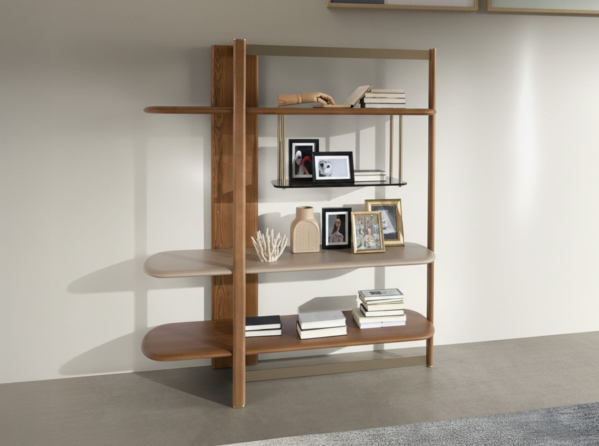 Left rectangular bookcase in light walnut and greige wood