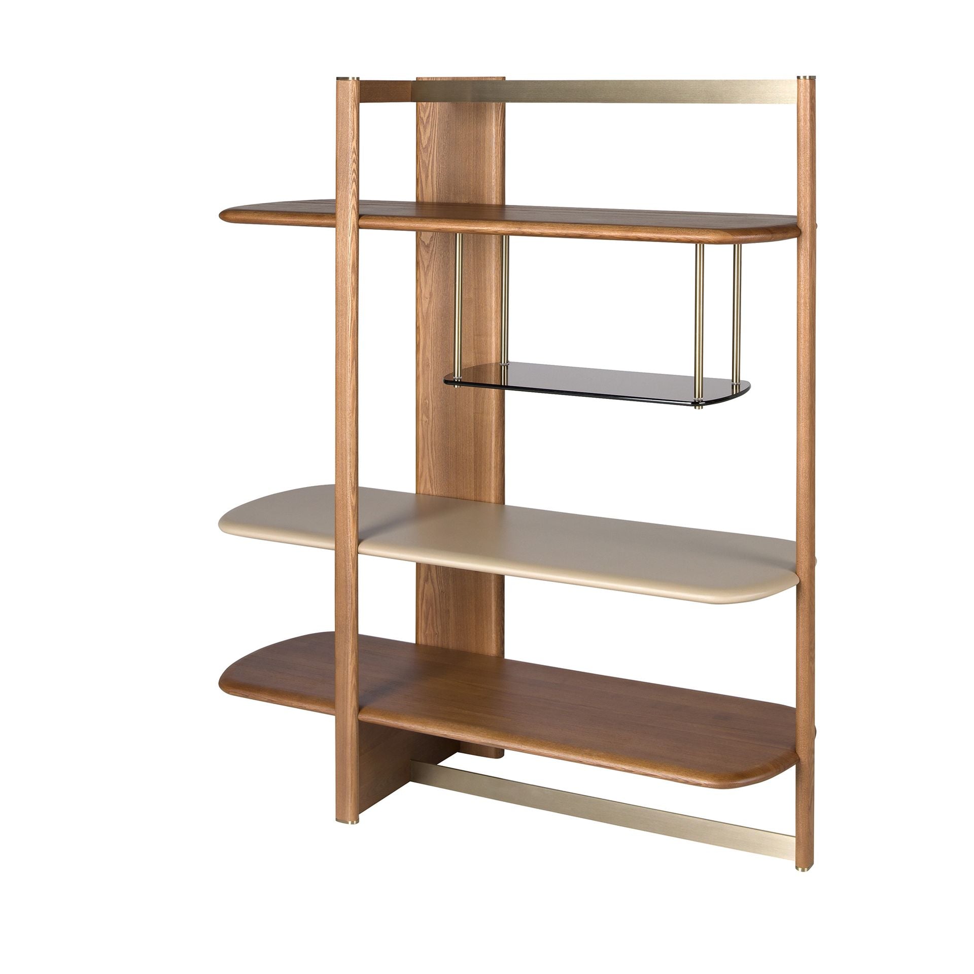 Left rectangular bookcase in light walnut and greige wood