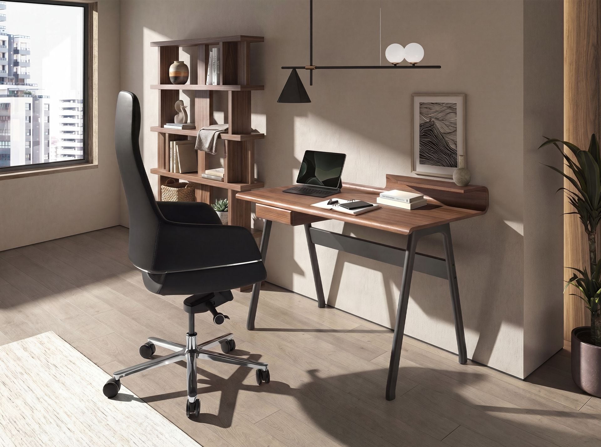 Walnut and dark metallic gray fiberglass desk