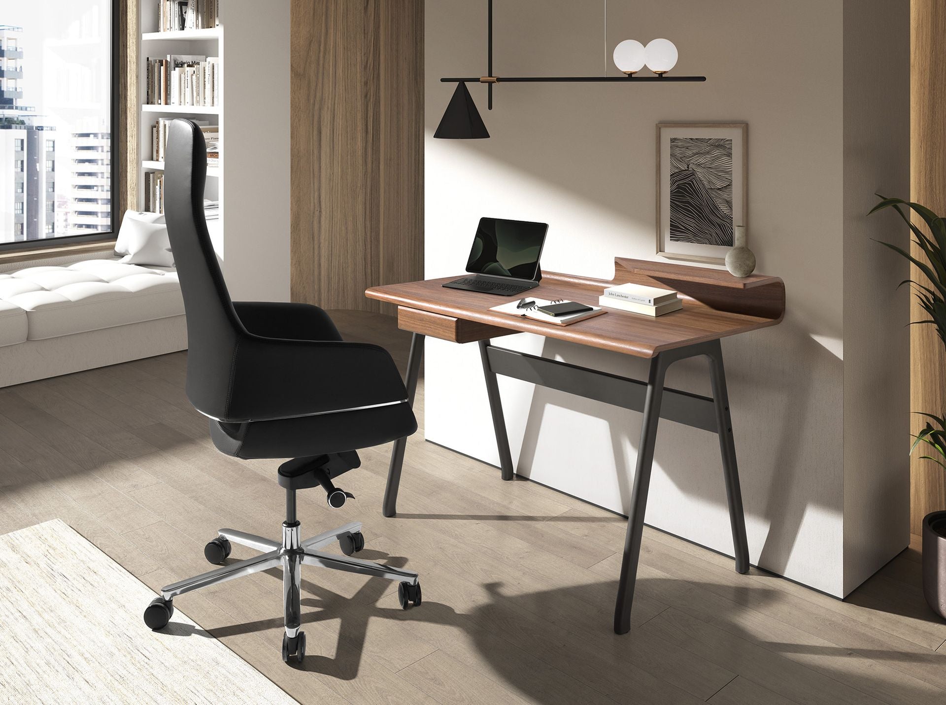 Walnut and dark metallic gray fiberglass desk