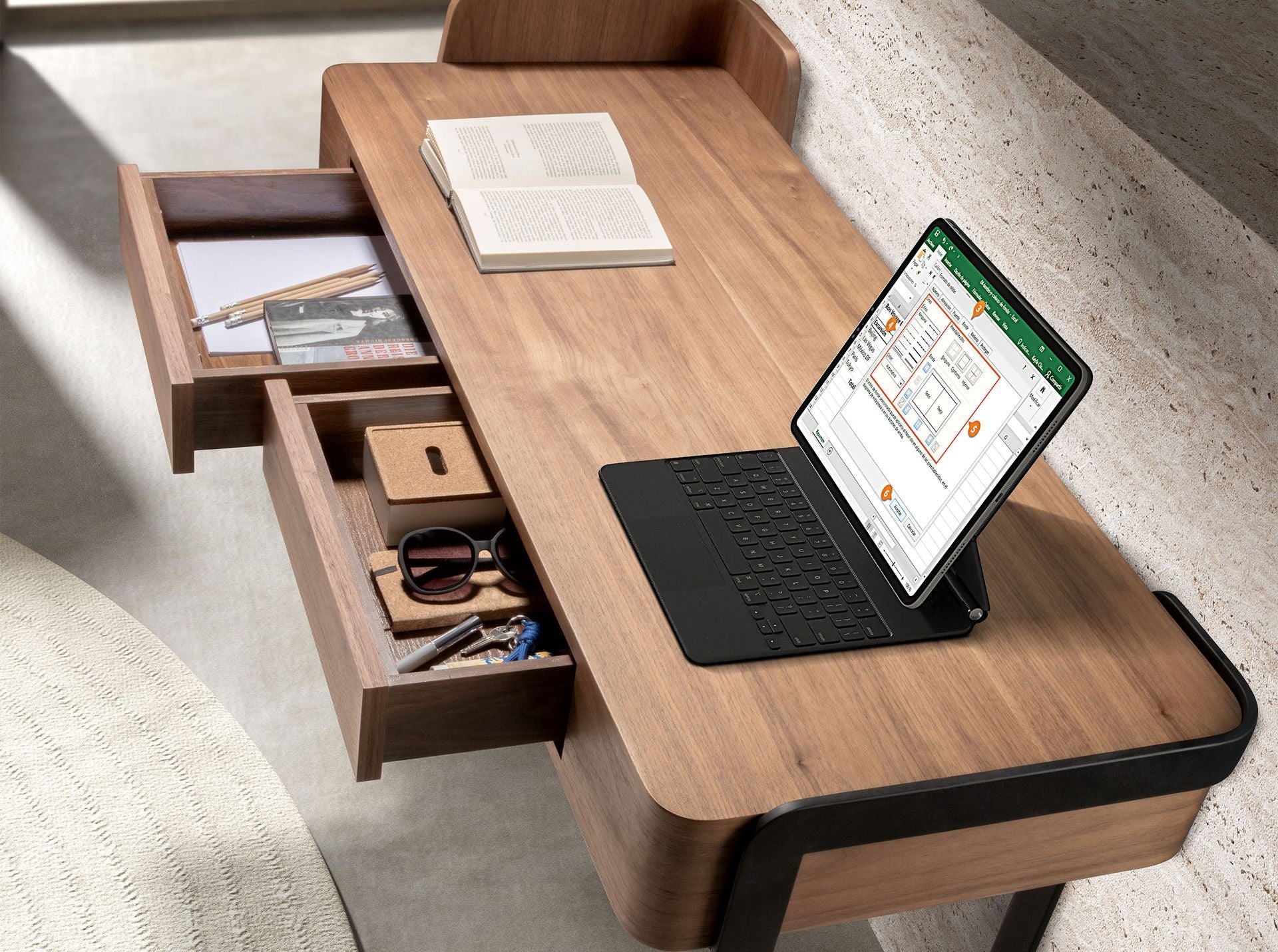 Walnut and black epoxy steel desk