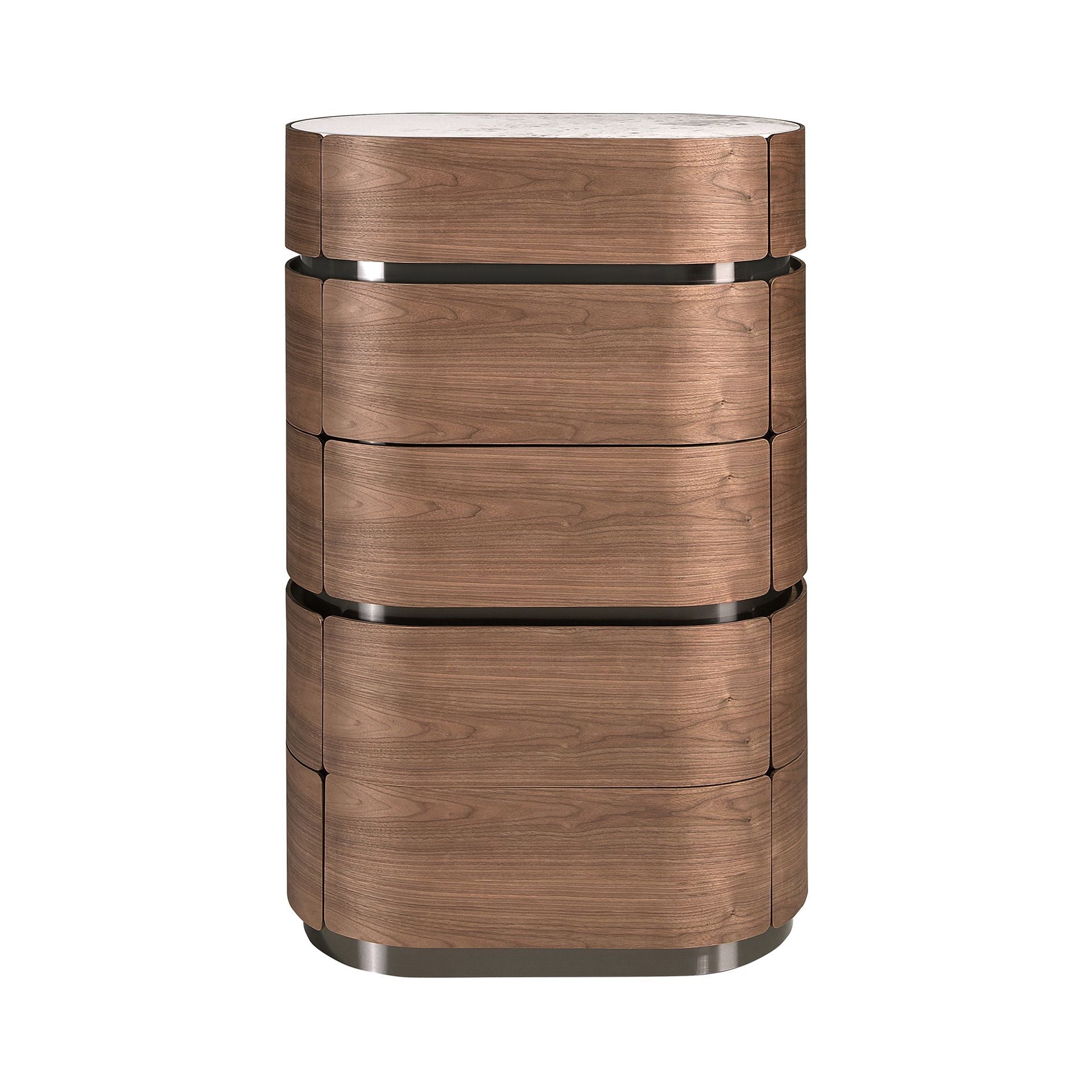 Chest of drawers in walnut with burnished steel base and porcelain marble top