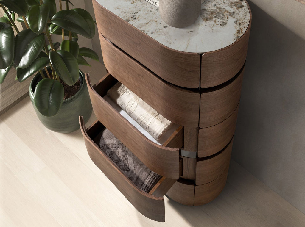 Chest of drawers in walnut with burnished steel base and porcelain marble top