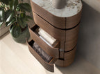 Chest of drawers in walnut with burnished steel base and porcelain marble top