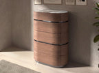 Chest of drawers in walnut with burnished steel base and porcelain marble top