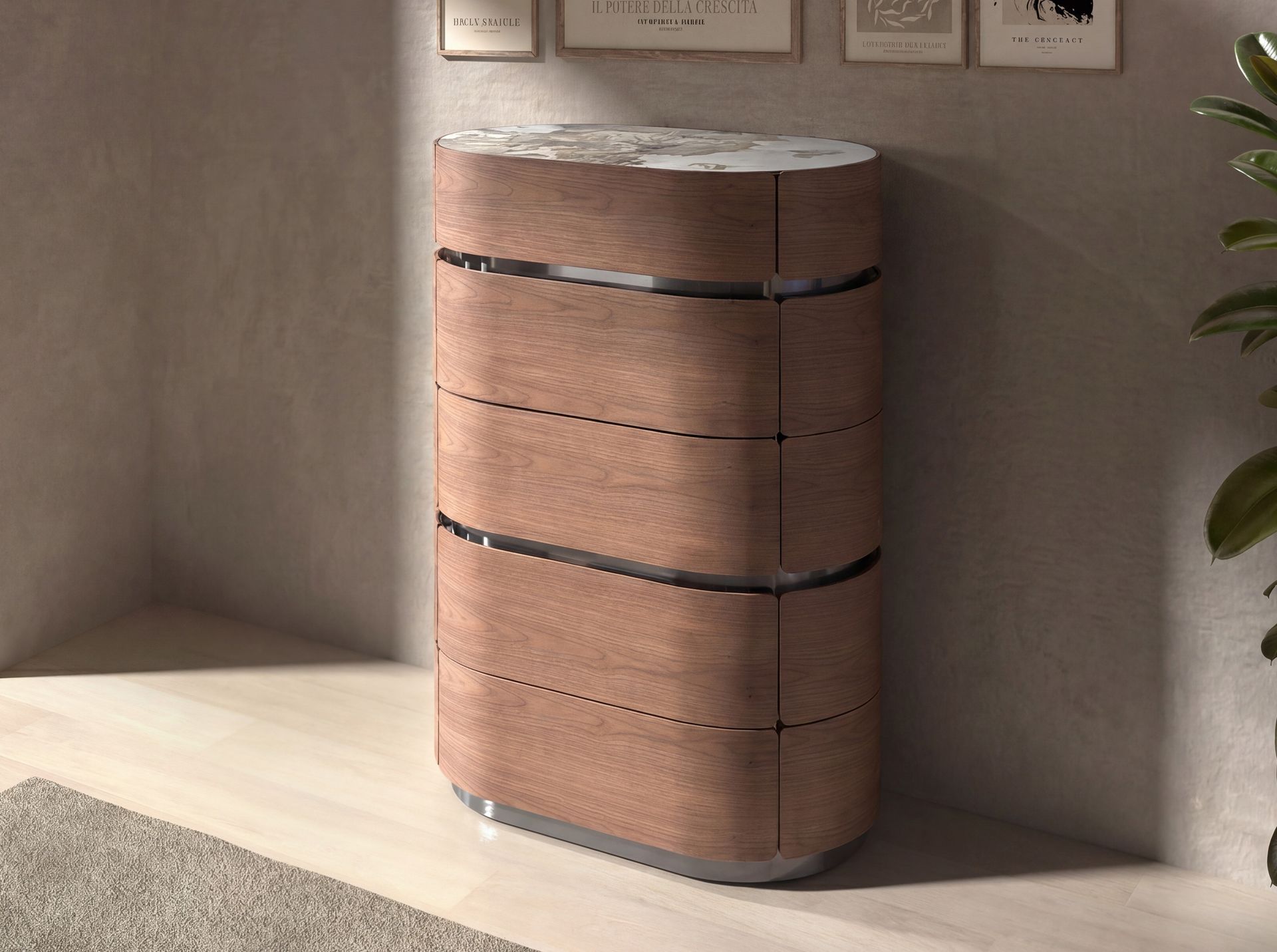Chest of drawers in walnut with burnished steel base and porcelain marble top