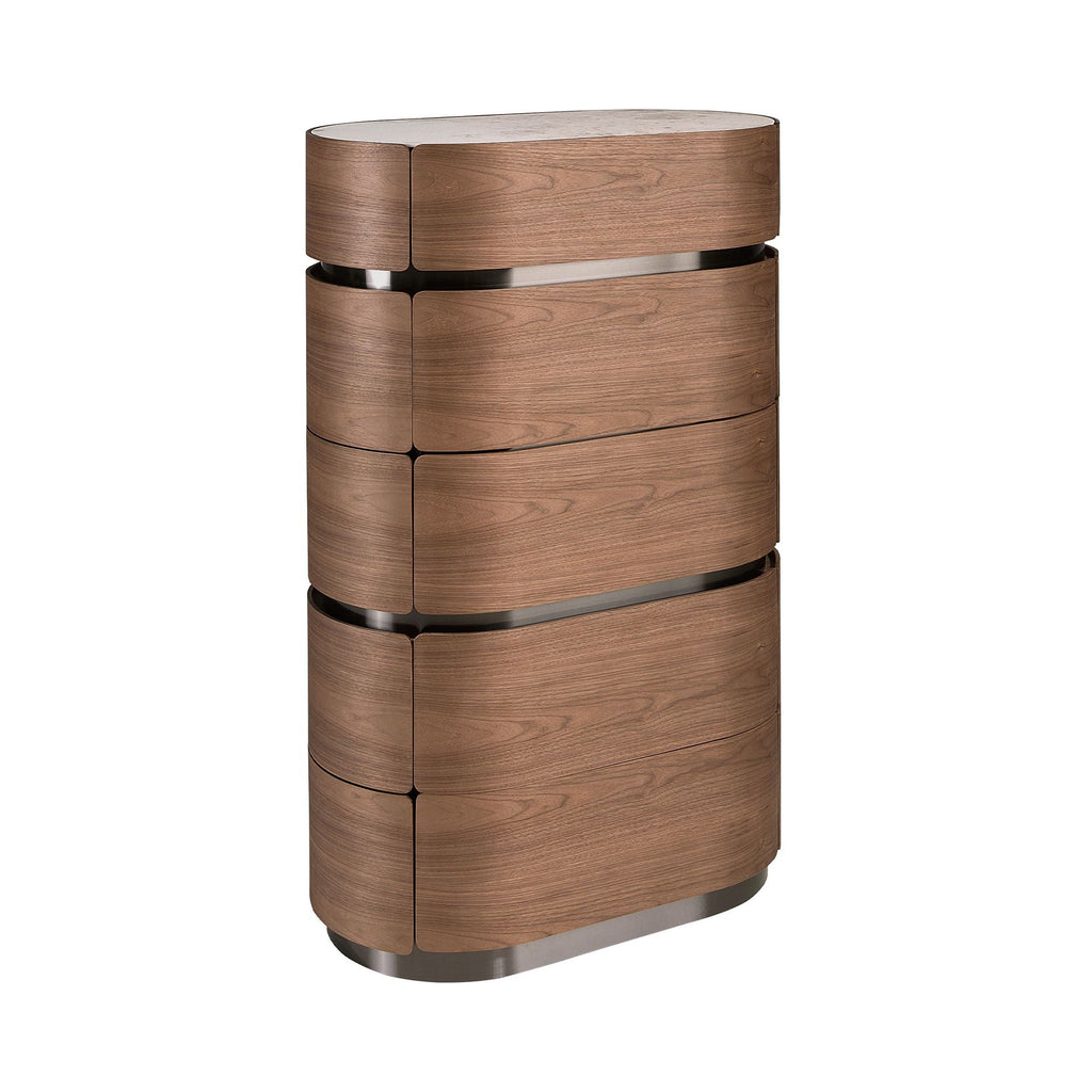 Chest of drawers in walnut with burnished steel base and porcelain marble top