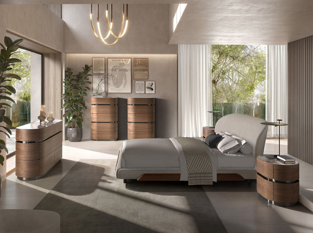 Chest of drawers in walnut with burnished steel base and porcelain marble top