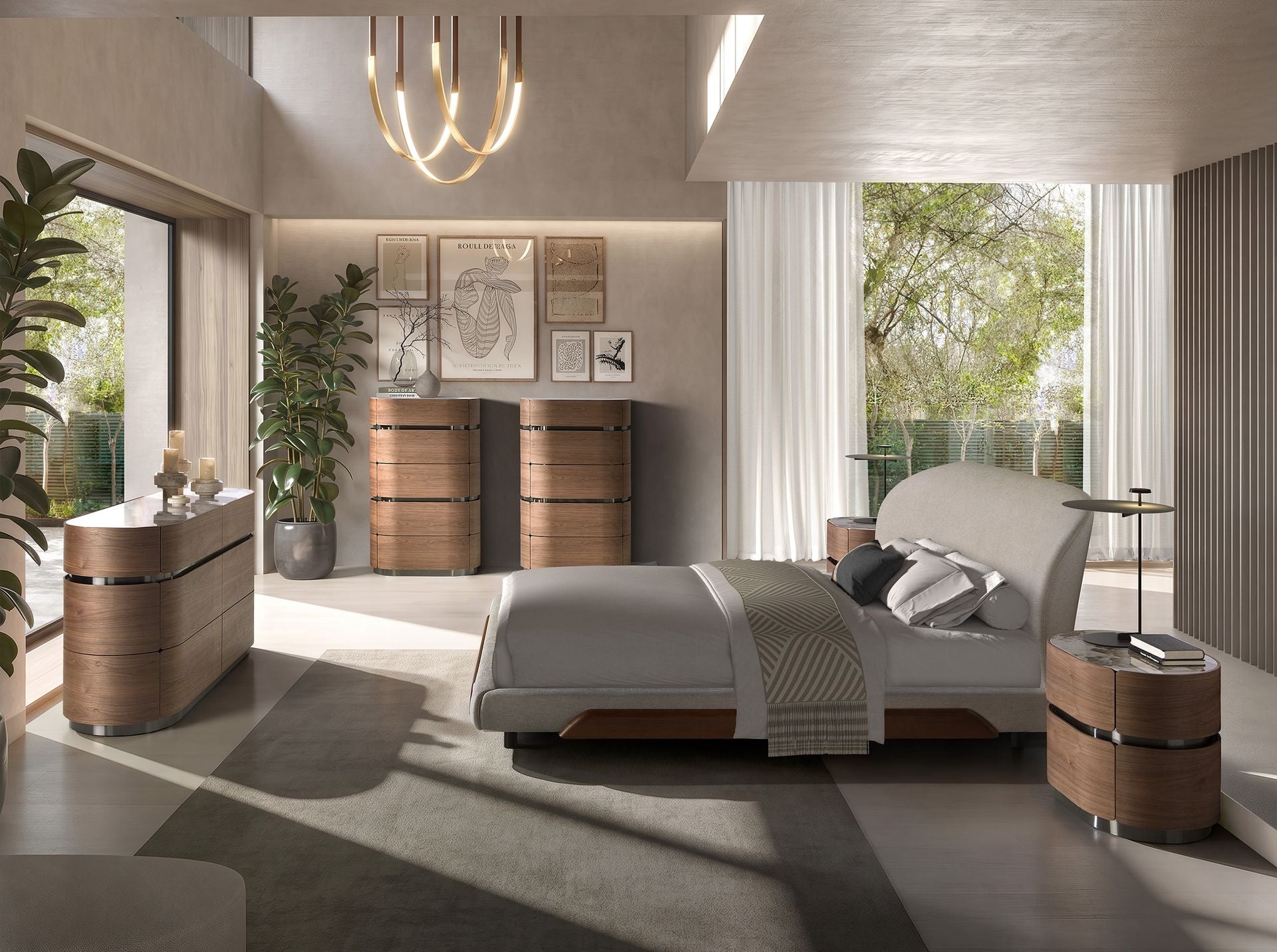 Chest of drawers in walnut with burnished steel base and porcelain marble top
