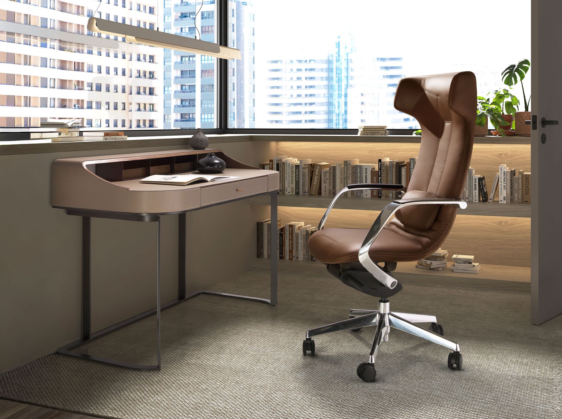 Brown faux leather swivel office chair