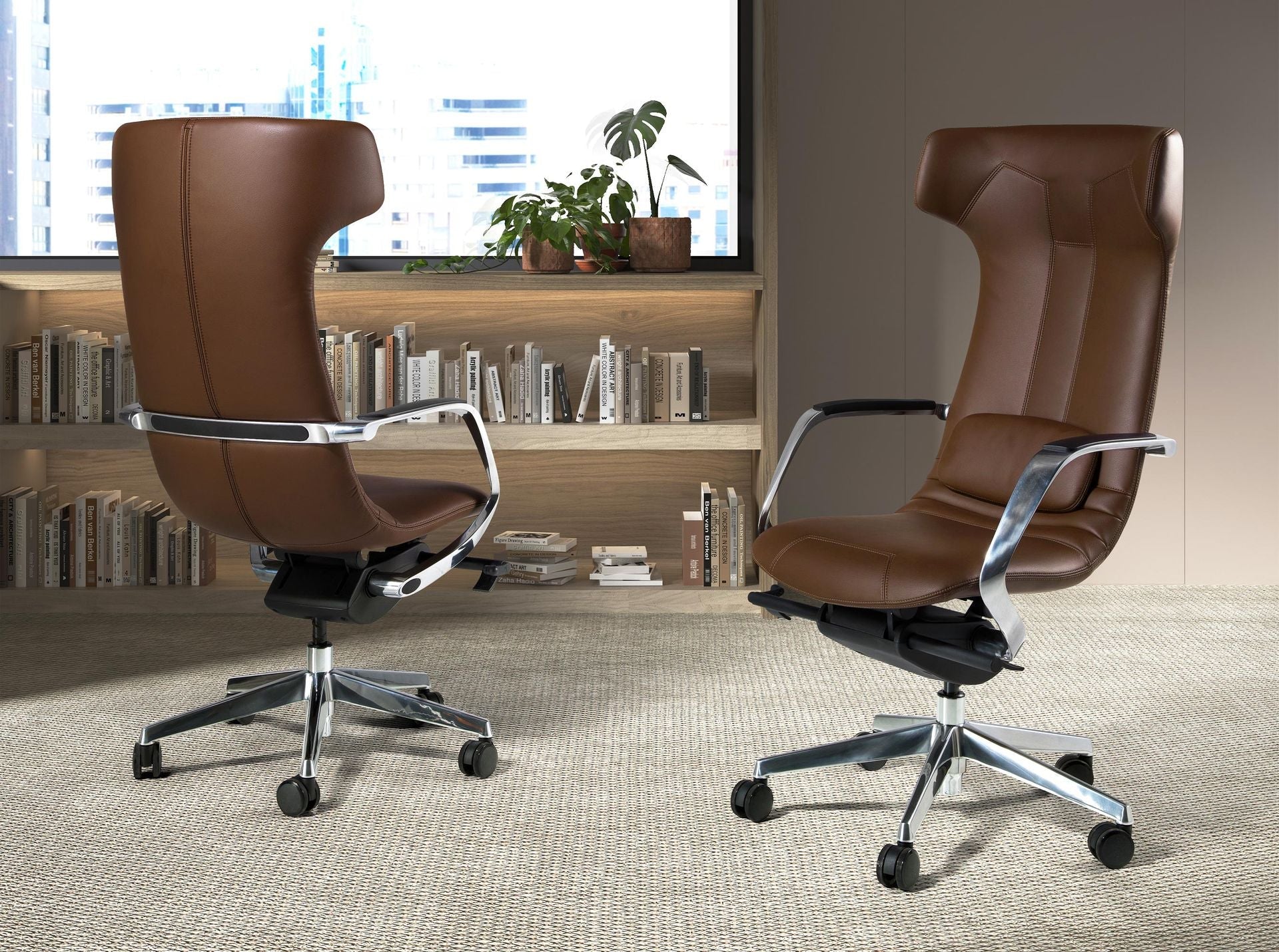 Brown faux leather swivel office chair