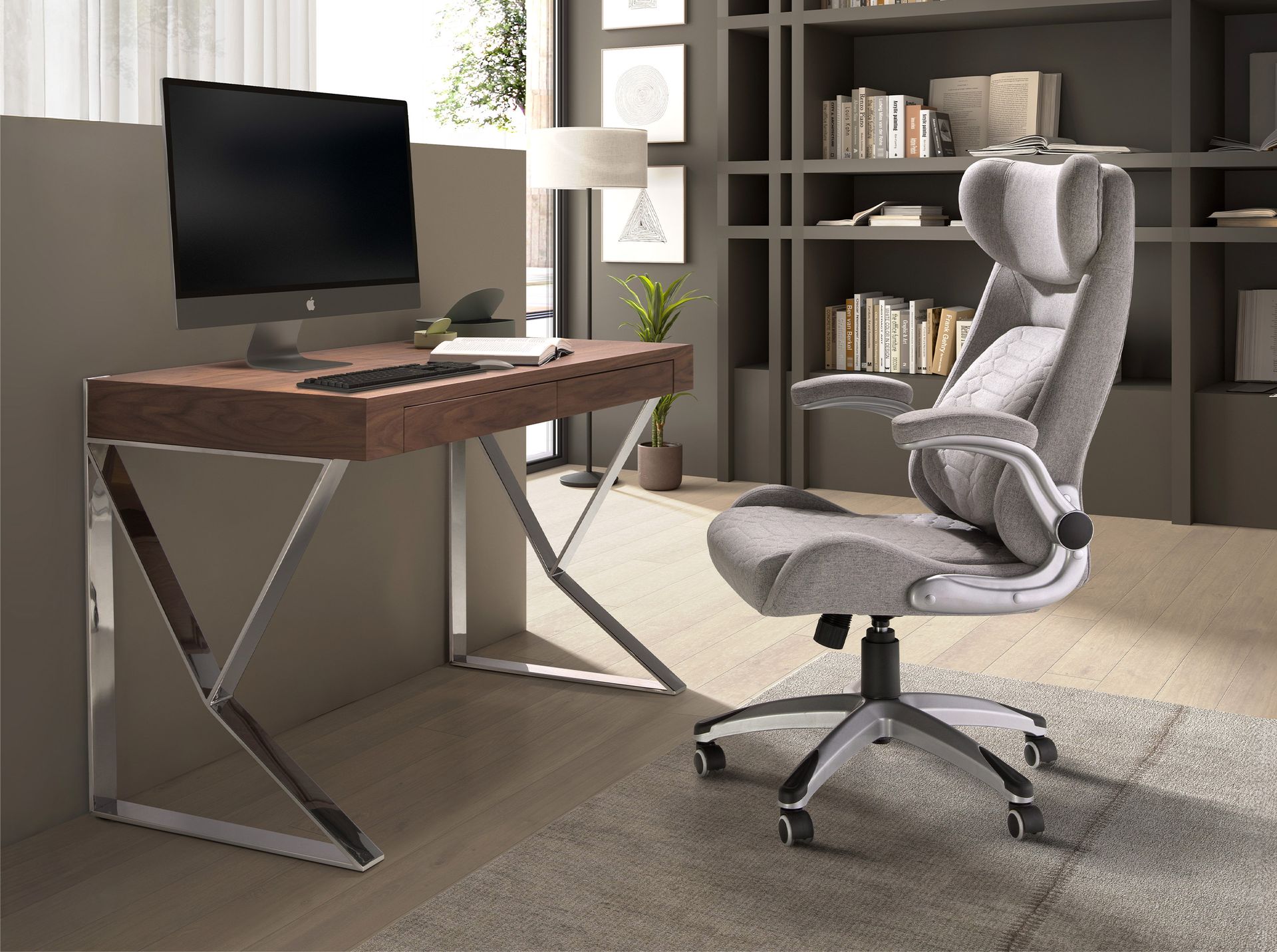 Sedia girevole da ufficio in tessuto grigio