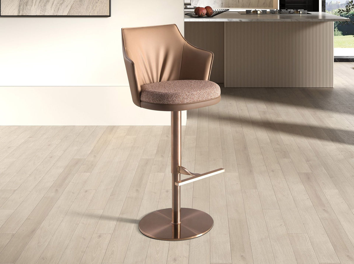 Swivel stool in mottled brown fabric and brown faux leather