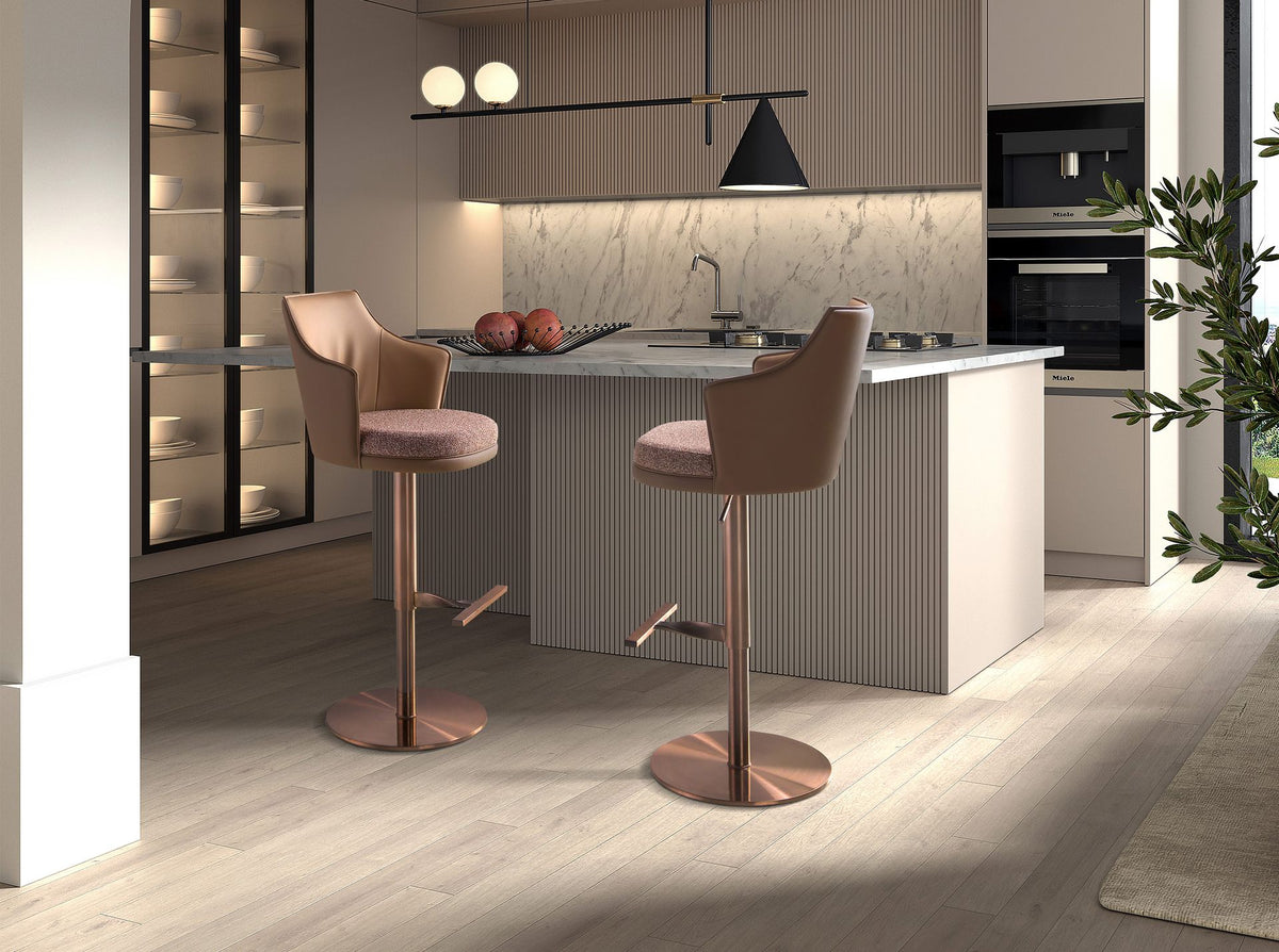 Swivel stool in mottled brown fabric and brown faux leather