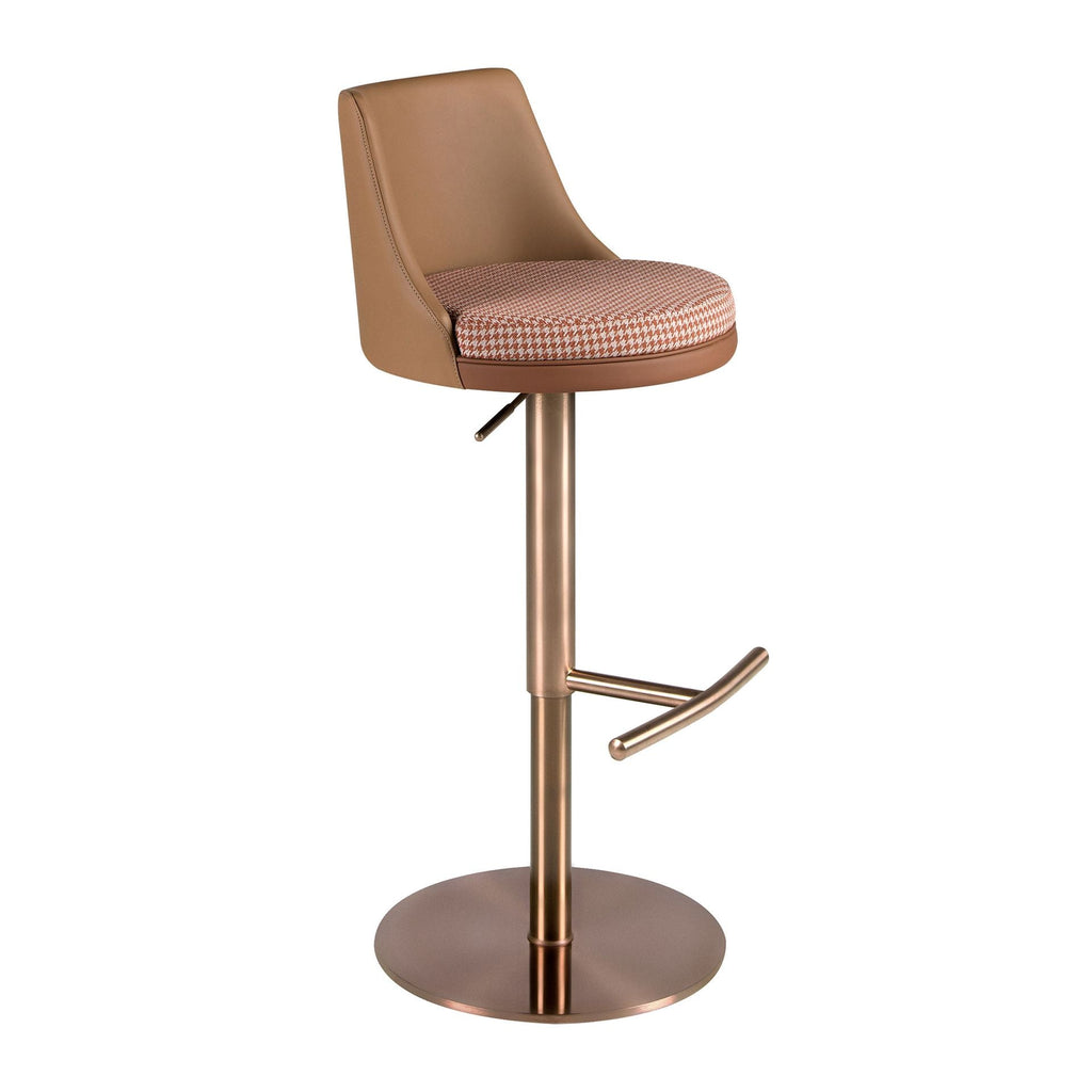 Brown terracotta and beige fabric and brown faux leather swivel stool