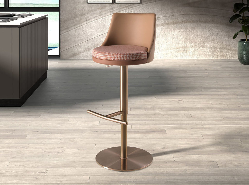 Brown terracotta and beige fabric and brown faux leather swivel stool