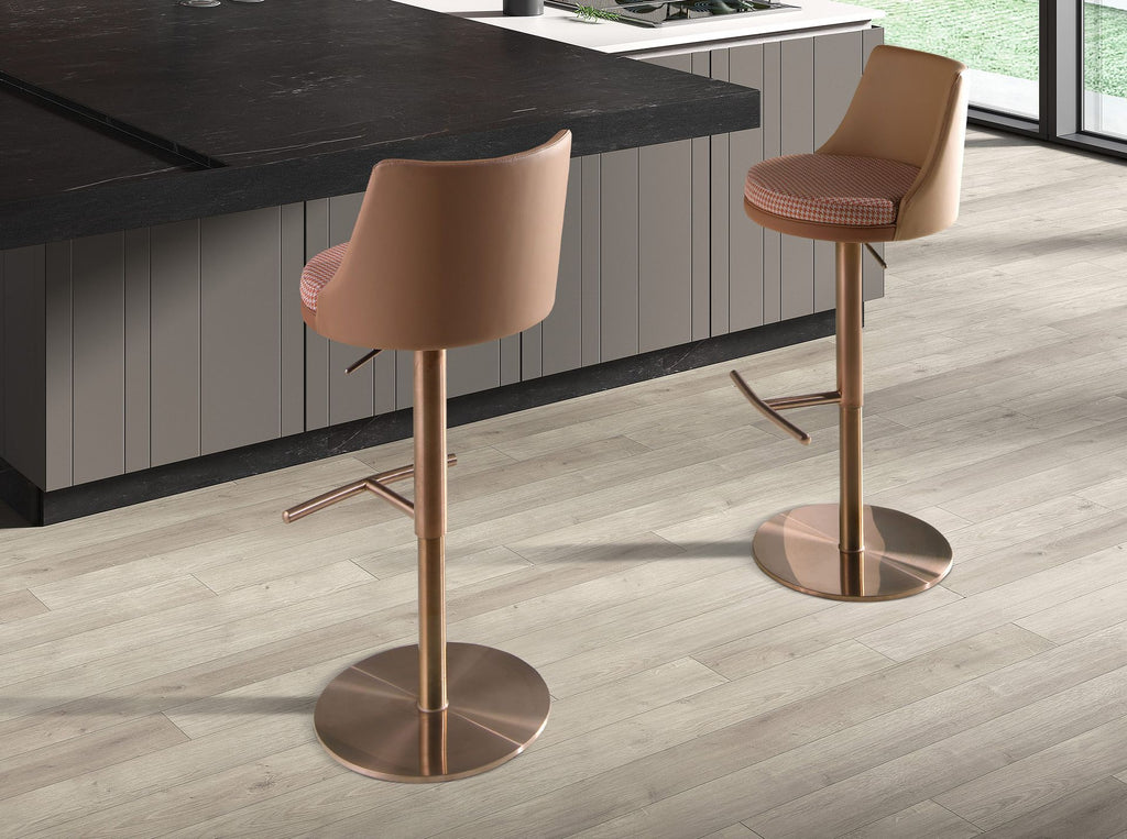 Brown terracotta and beige fabric and brown faux leather swivel stool