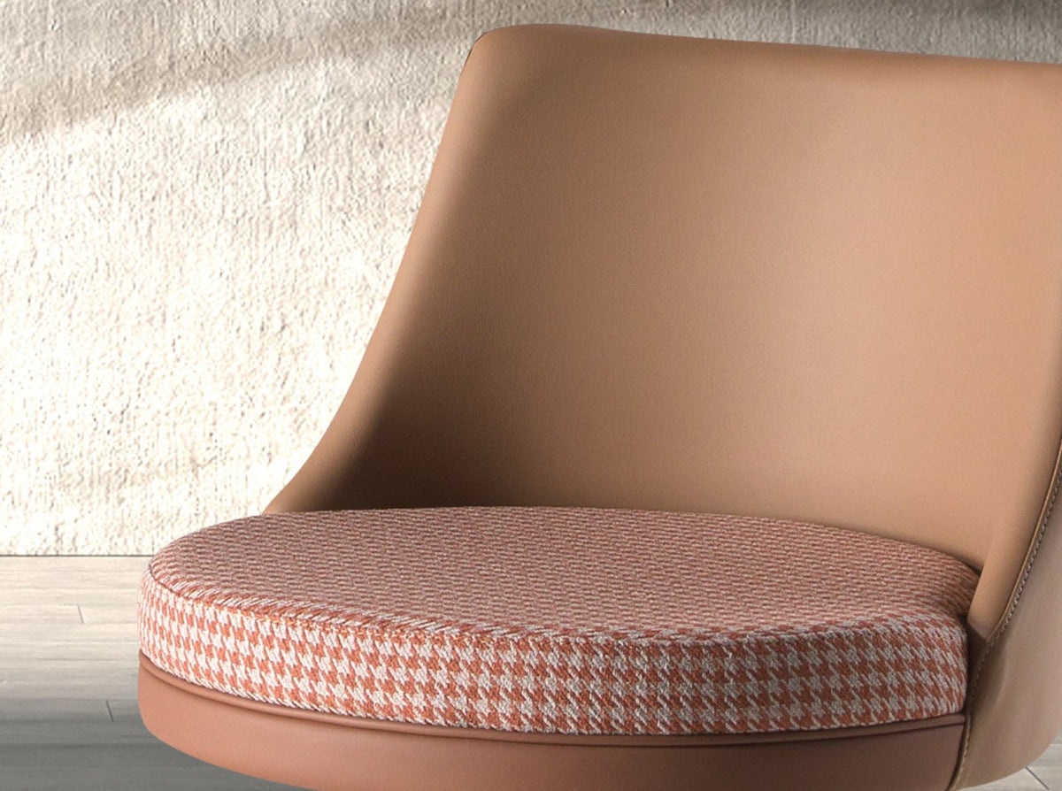 Brown terracotta and beige fabric and brown faux leather swivel stool