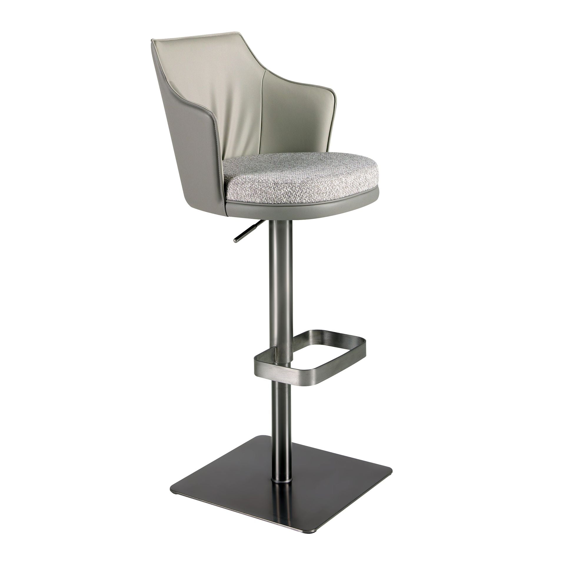 Swivel stool in mottled grey fabric and dark grey faux leather