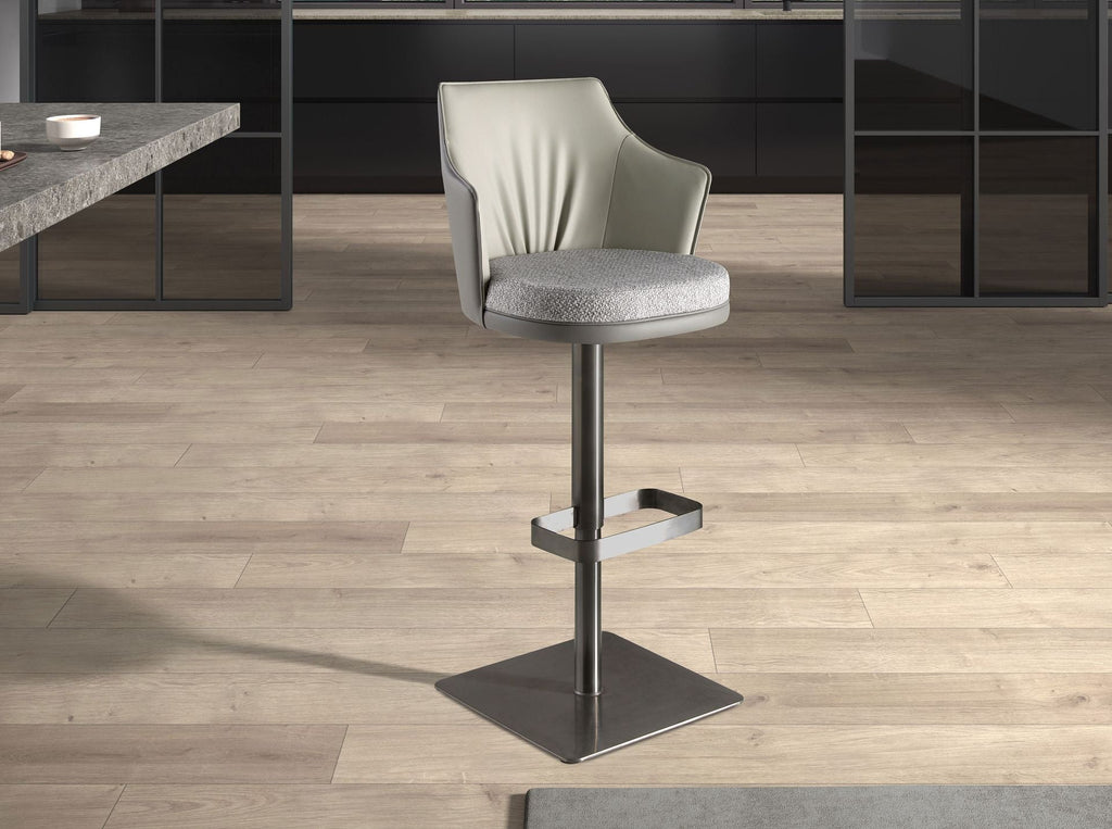 Swivel stool in mottled grey fabric and dark grey faux leather