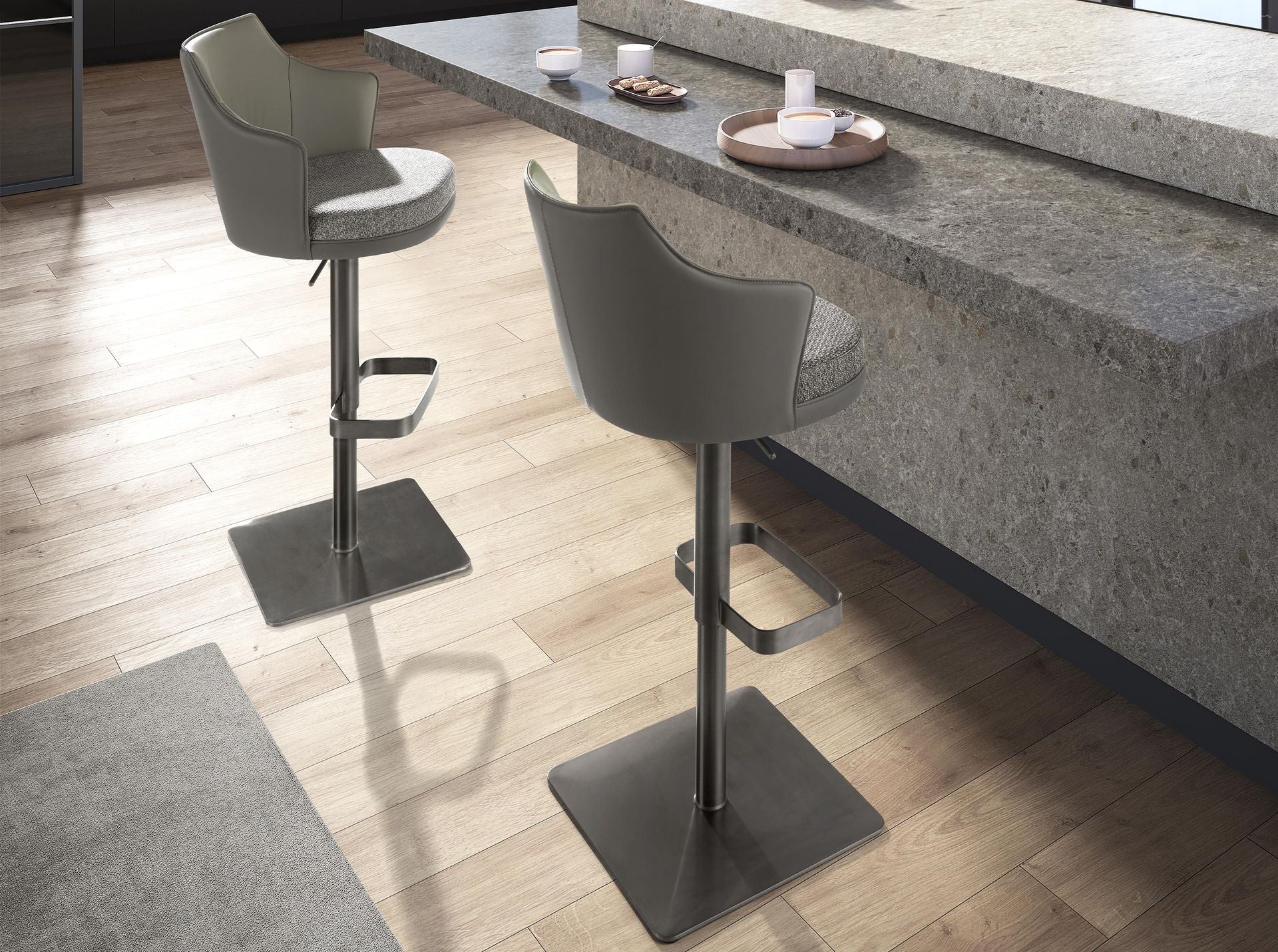 Swivel stool in mottled grey fabric and dark grey faux leather