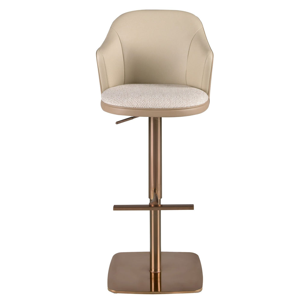 Swivel stool in mottled cream fabric and brown faux leather