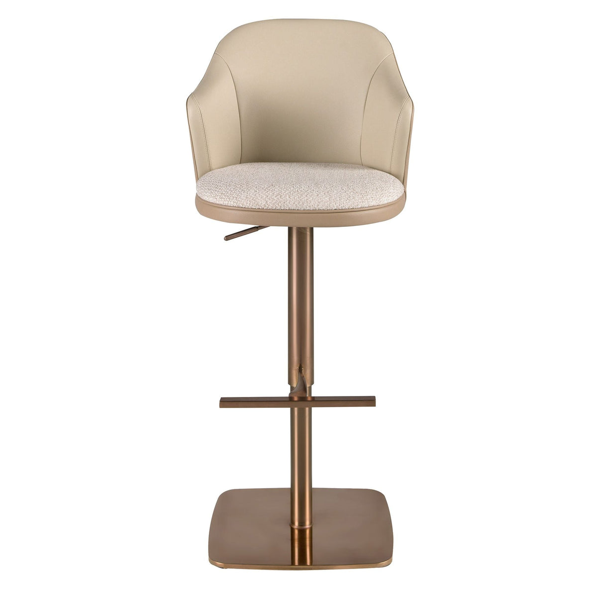 Swivel stool in mottled cream fabric and brown faux leather