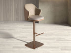 Swivel stool in mottled cream fabric and brown faux leather