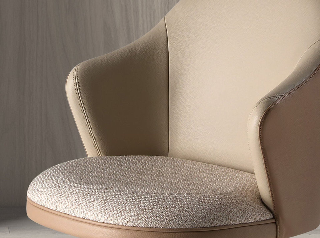 Swivel stool in mottled cream fabric and brown faux leather