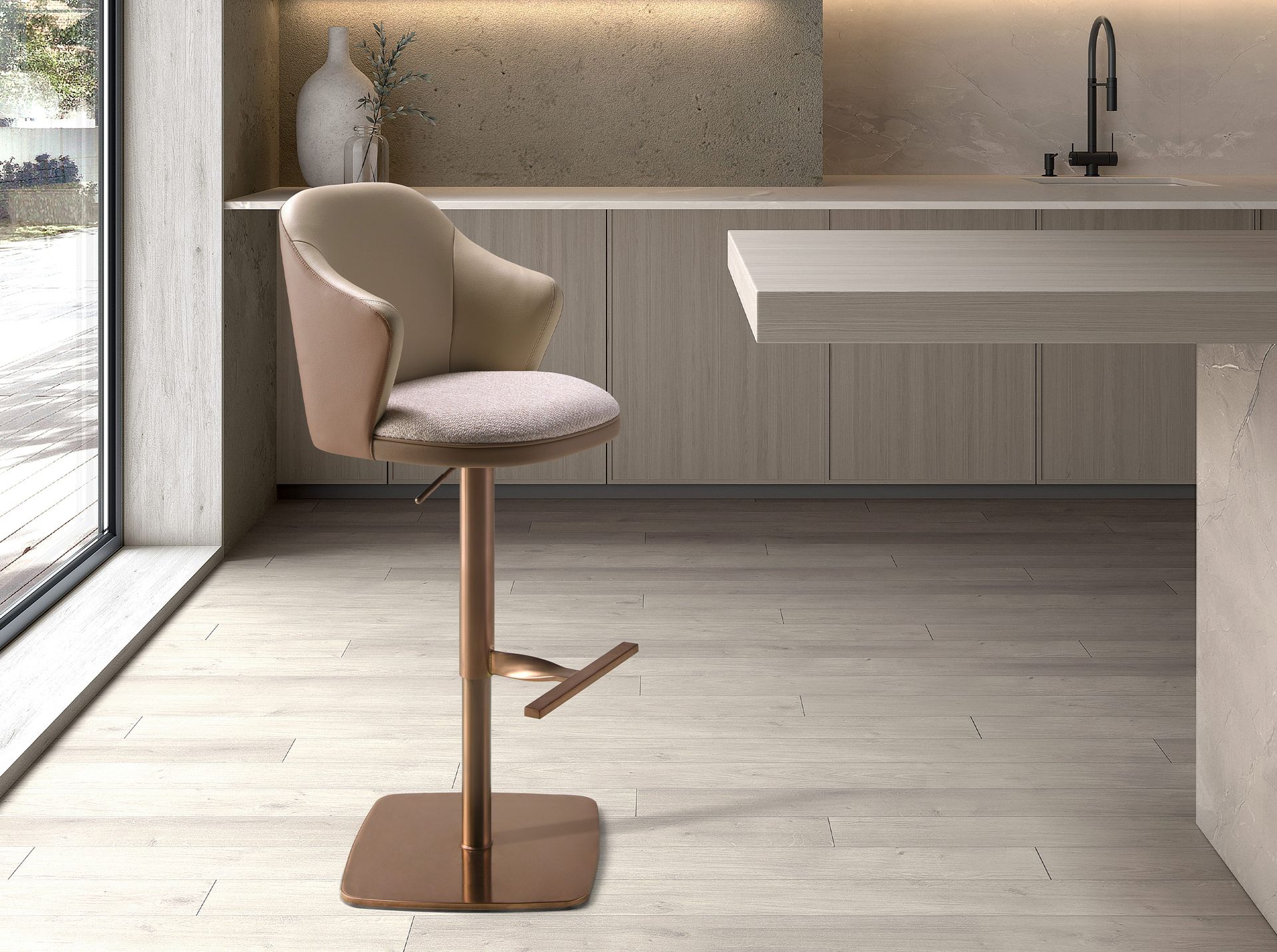 Swivel stool in mottled cream fabric and brown faux leather