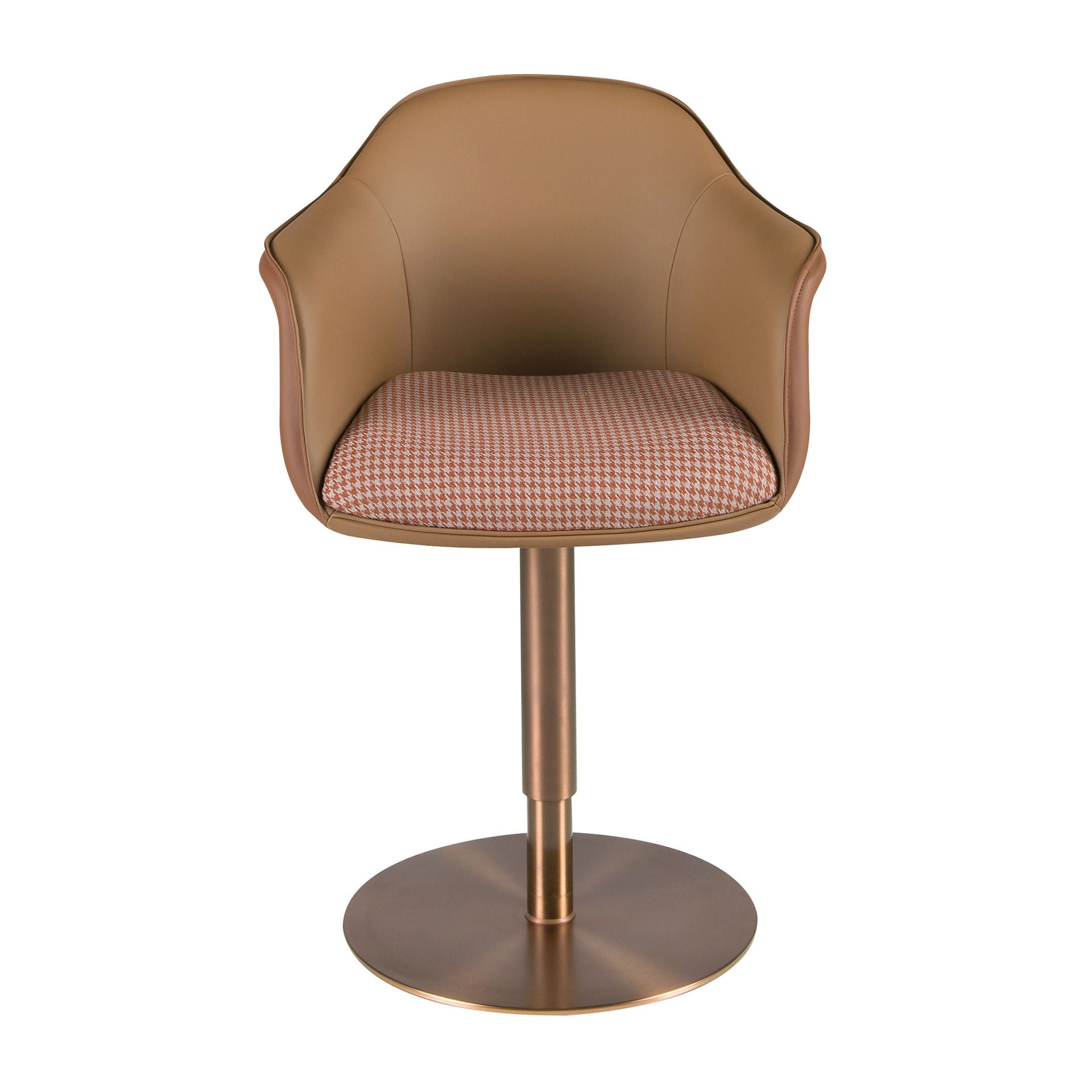 Sedia girevole in tessuto marrone terracotta e beige e similpelle marrone