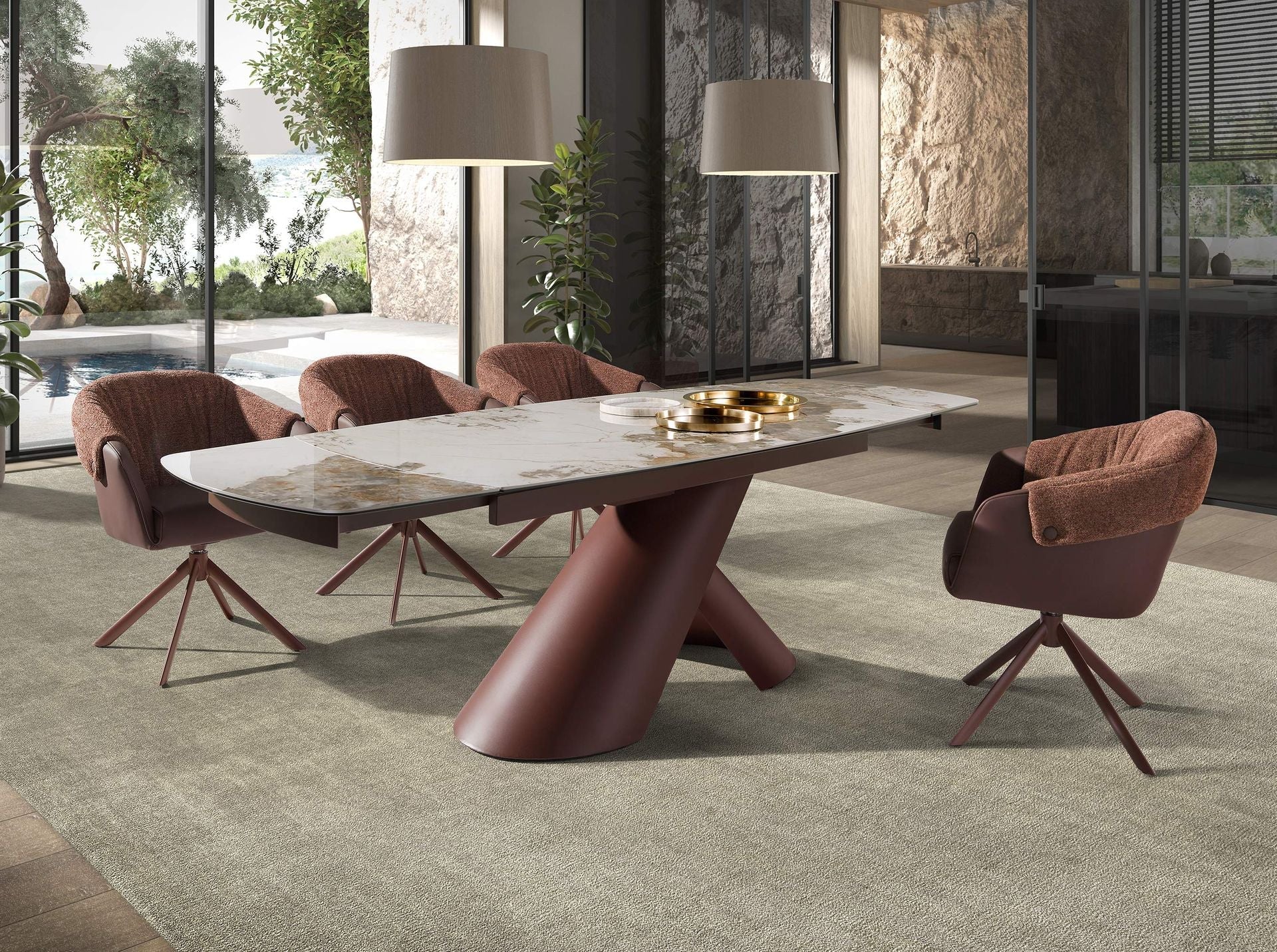 Sedia girevole in similpelle marrone rame e tessuto marrone screziato