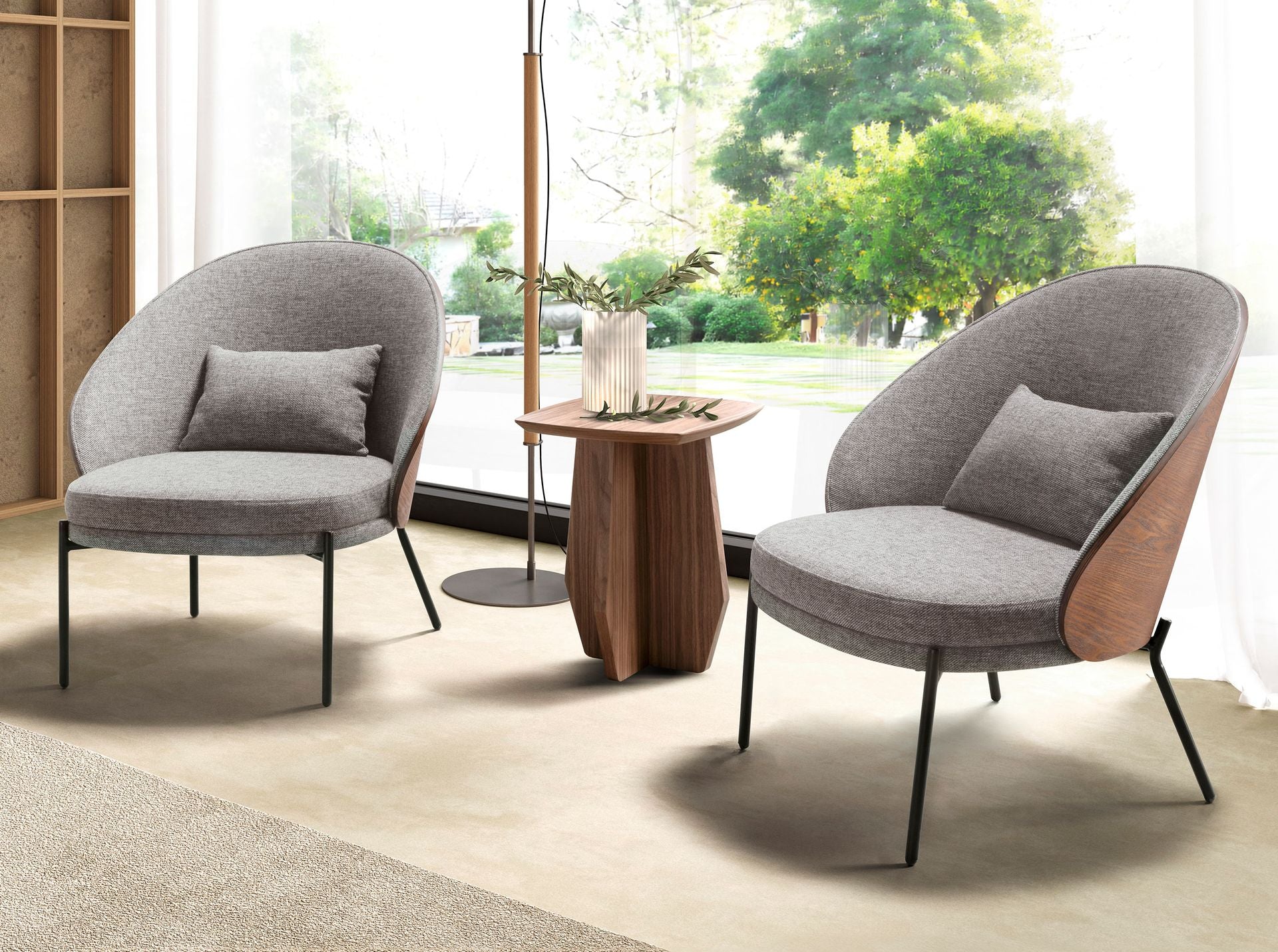 Armchair in grey fabric and walnut