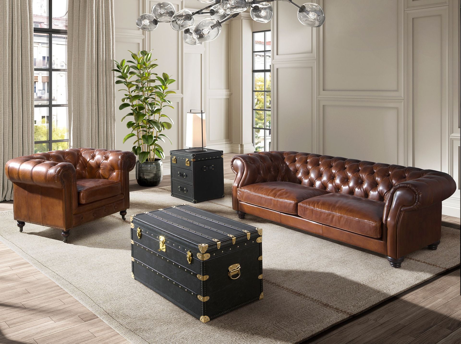 Divano Chester a 3 posti in pelle marrone cognac