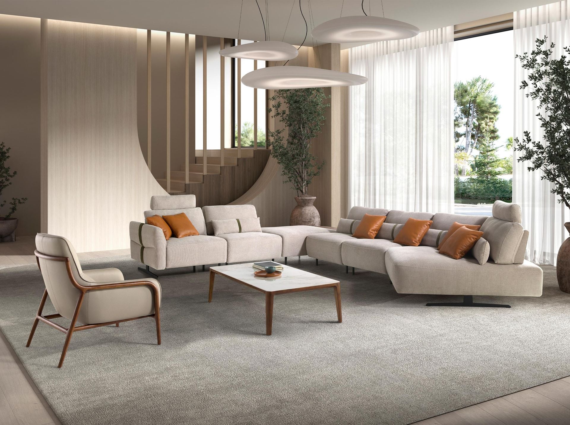 Chaise longue relax modulare destra in tessuto color sabbia
