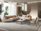 Divano modulare con chaise longue a sinistra e funzione relax in tessuto color sabbia