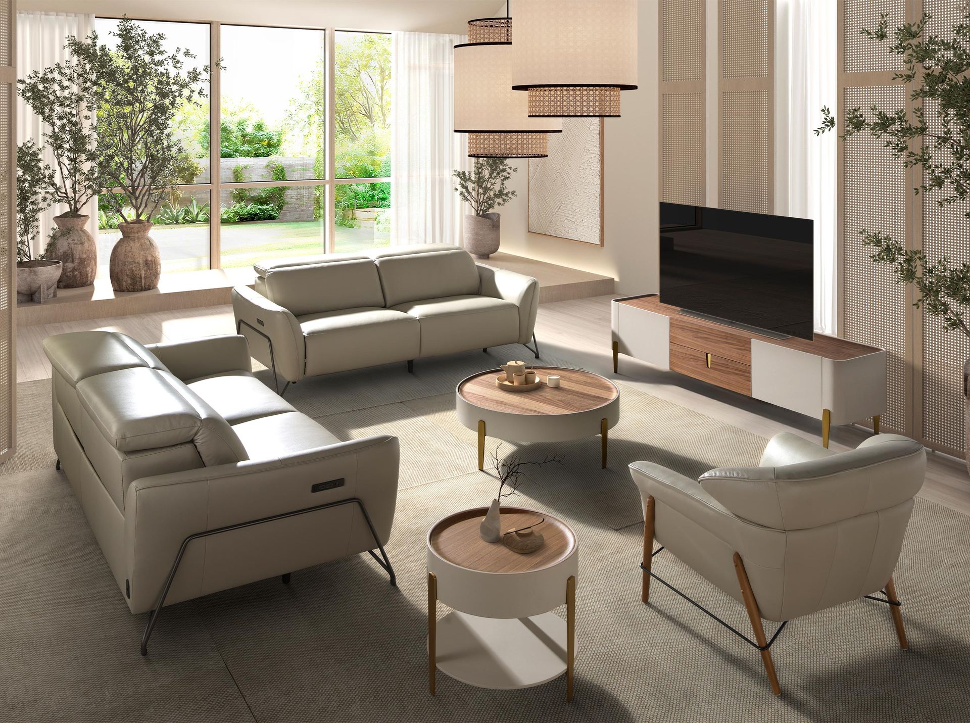 Two-seater leather relax sofa in sand colour