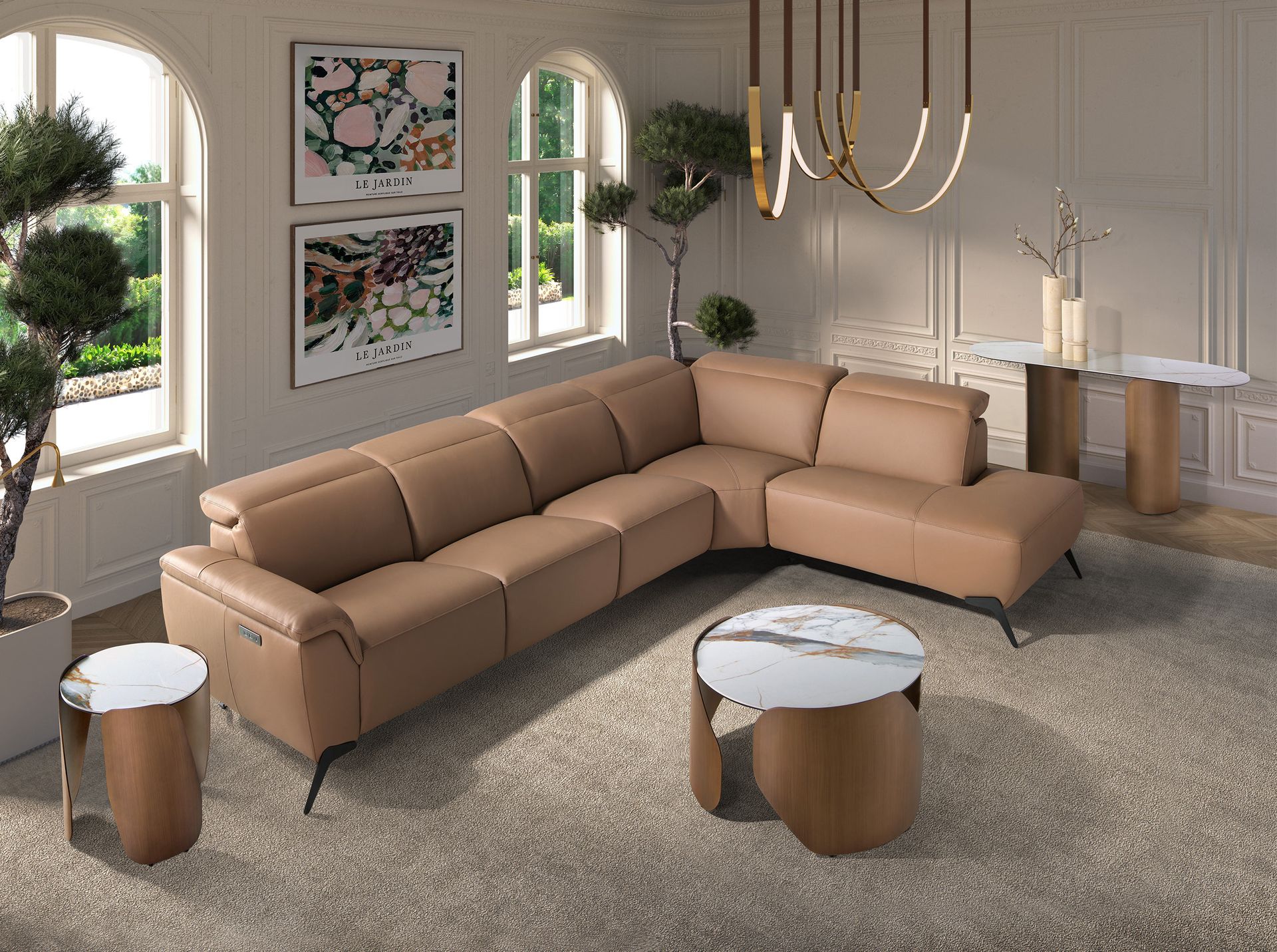 Modular right-hand brown leather reclining chaise longue sofa
