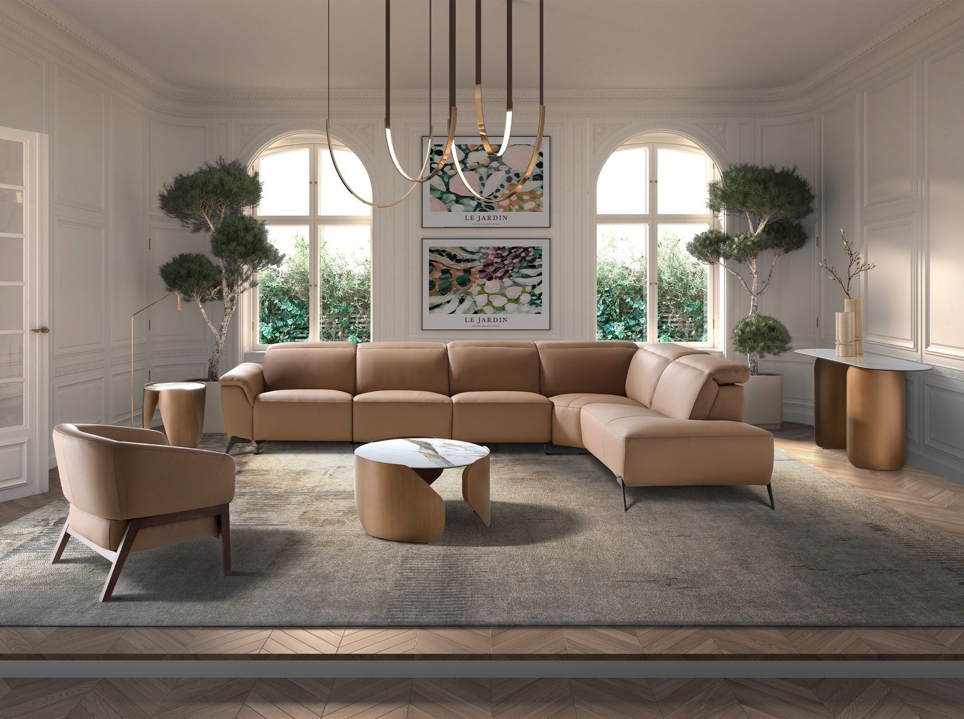 Modular right-hand brown leather reclining chaise longue sofa