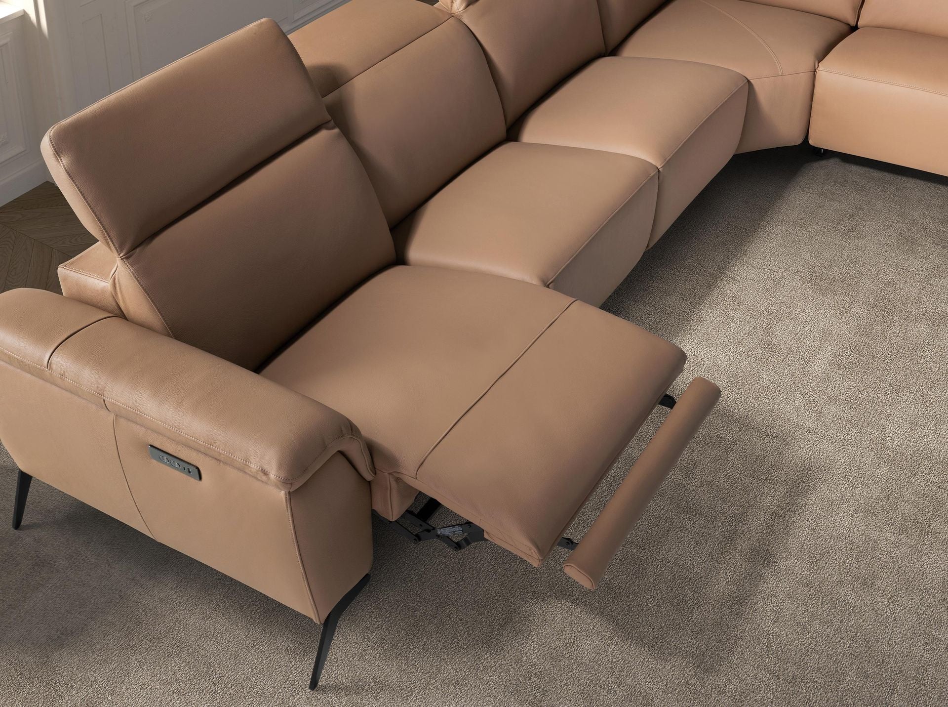 Modular right-hand brown leather reclining chaise longue sofa
