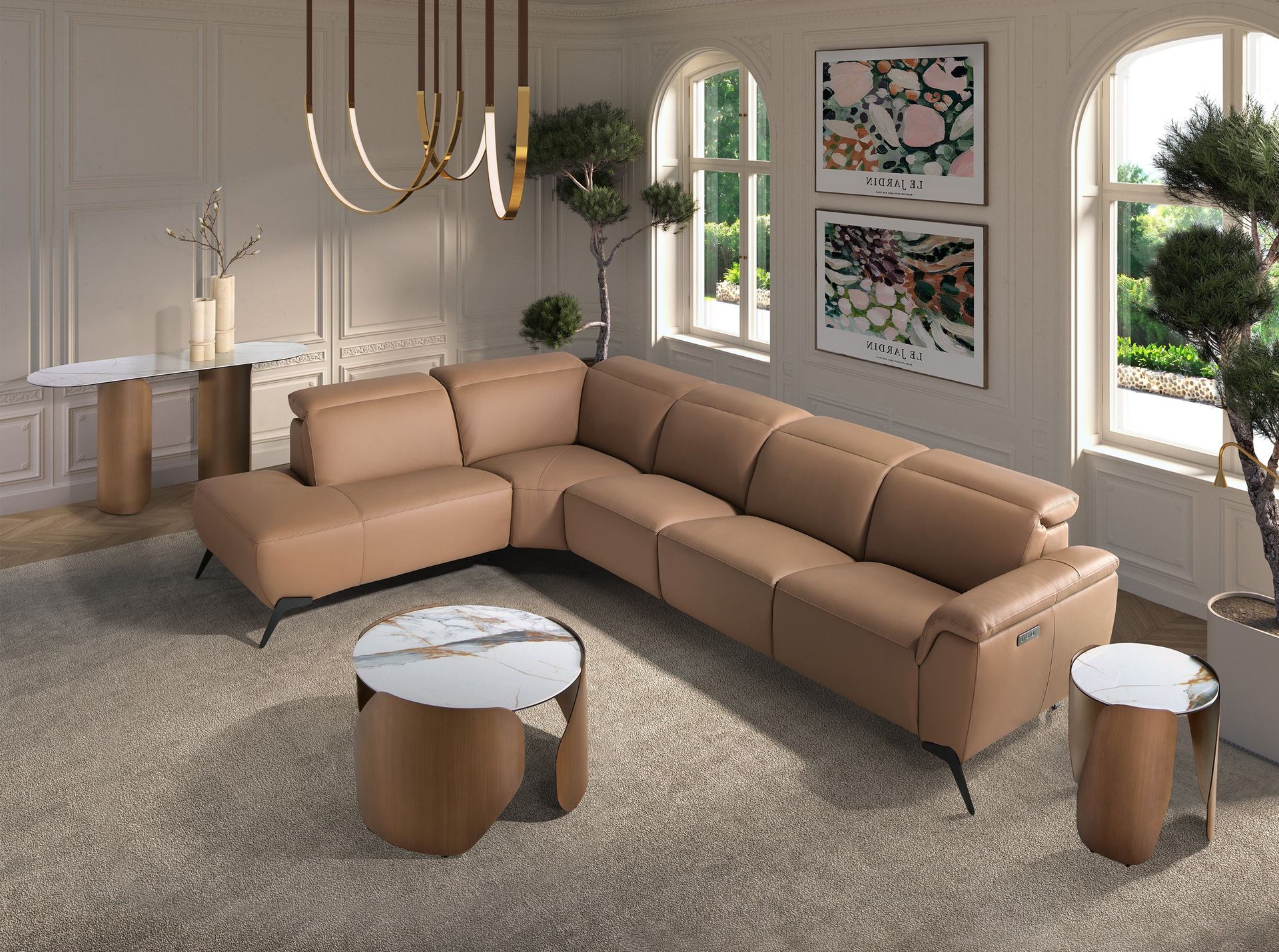 Brown leather modular left-hand chaise longue relax sofa