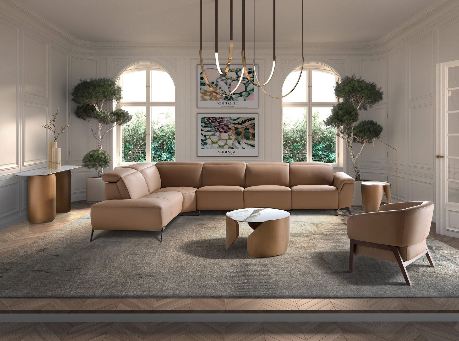 Brown leather modular left-hand chaise longue relax sofa