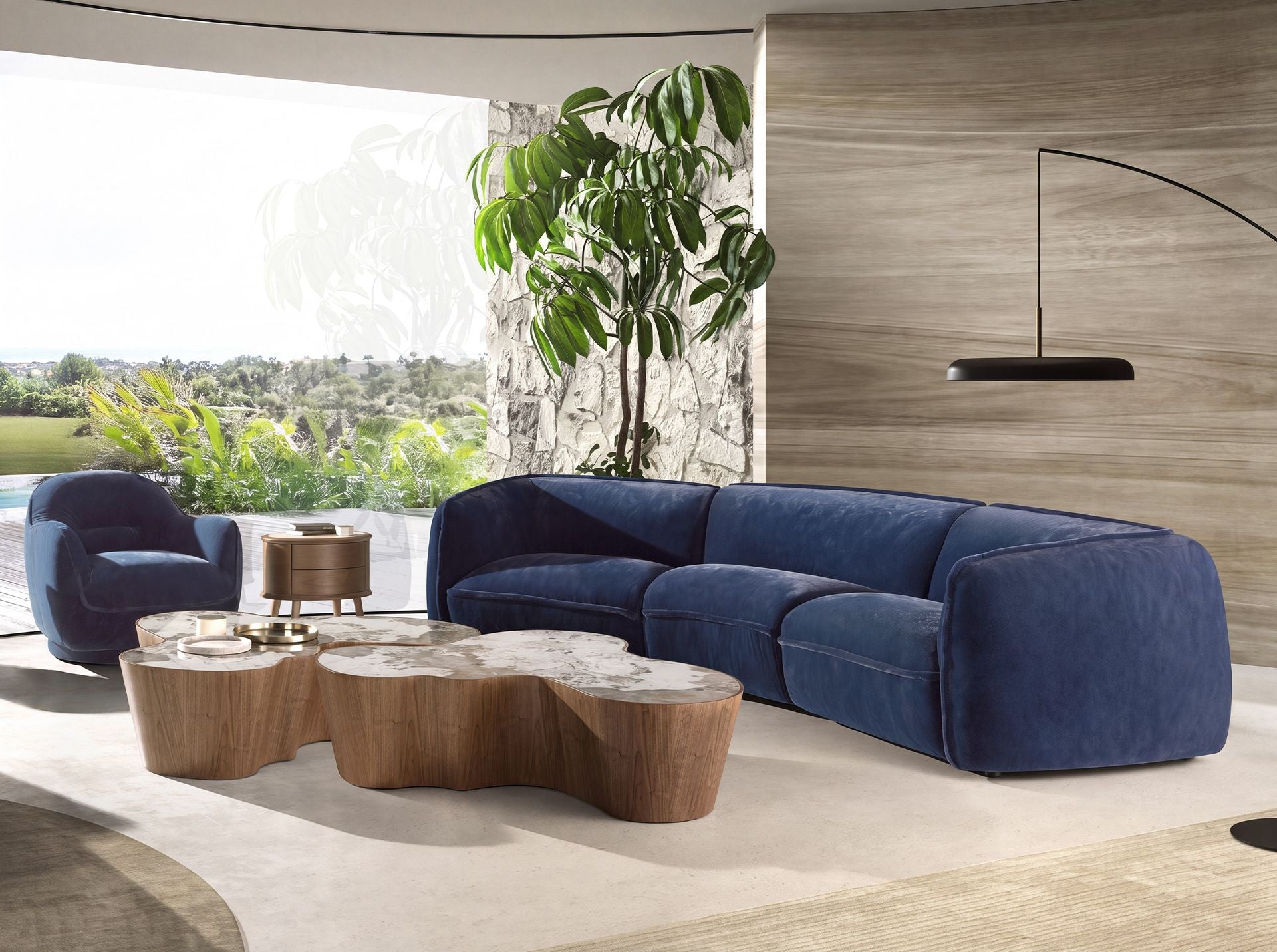 Dark blue velvet 3-seater sofa