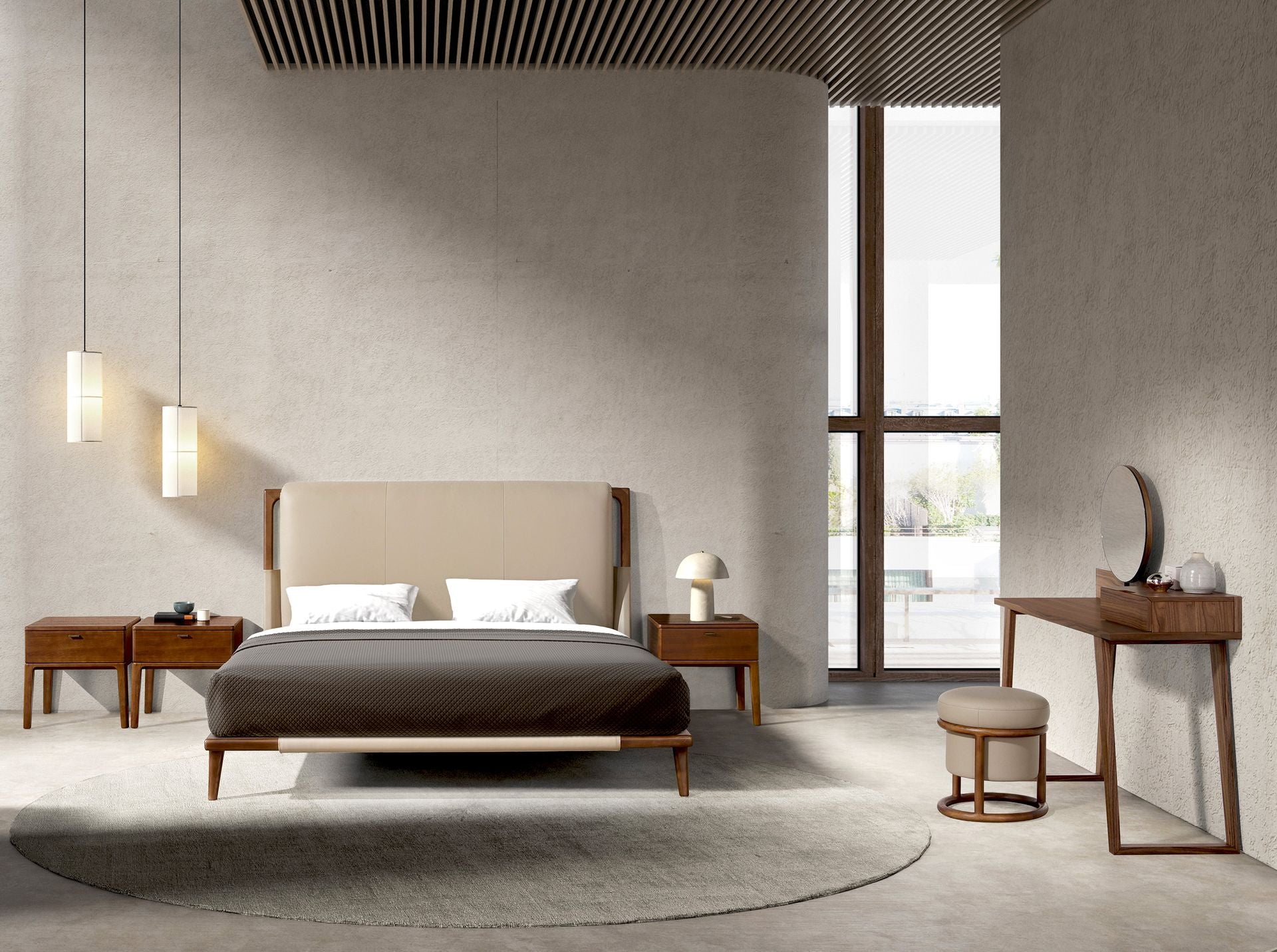 Mink-coloured faux leather bed