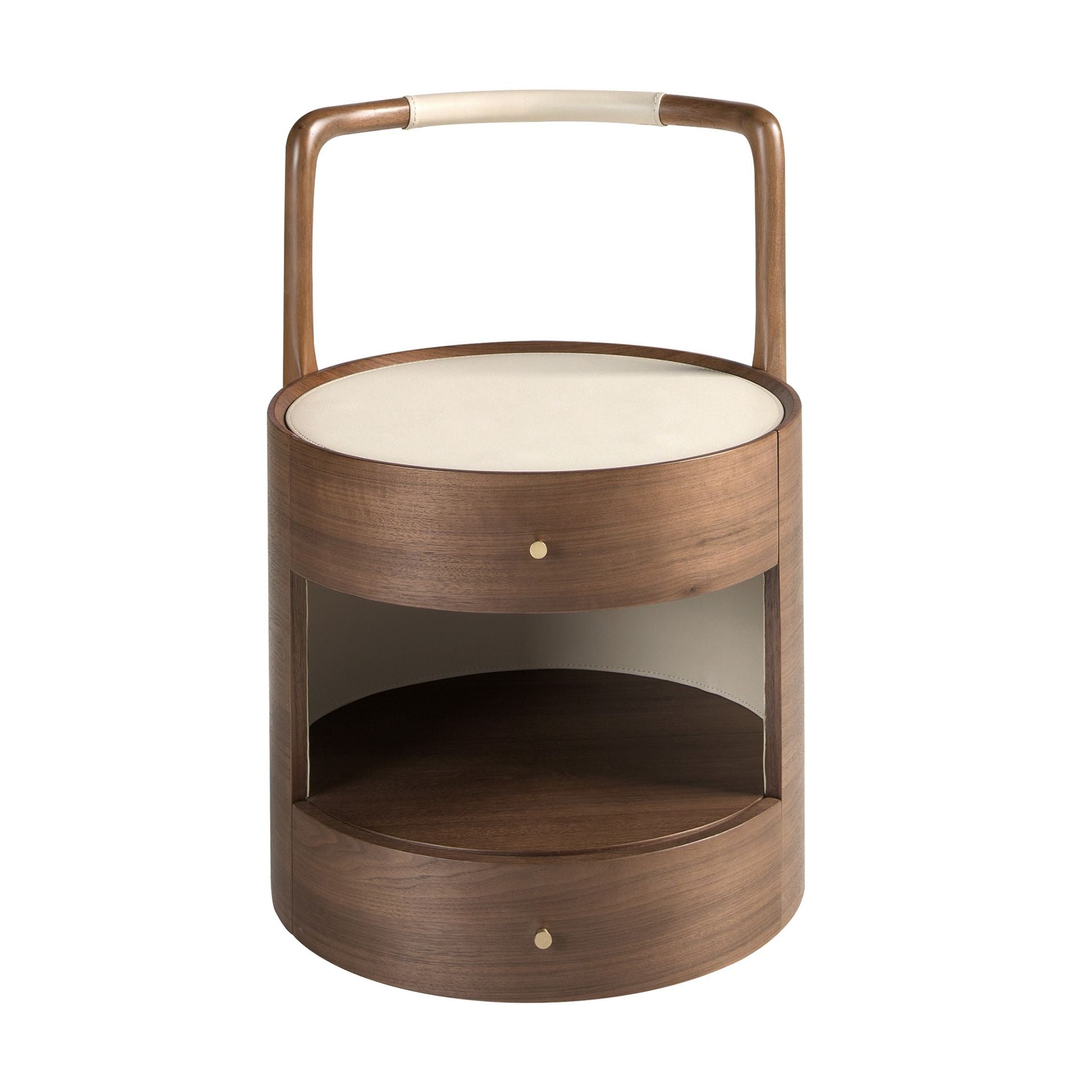 Walnut bedside table with cream leather top