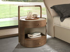 Walnut bedside table with cream leather top