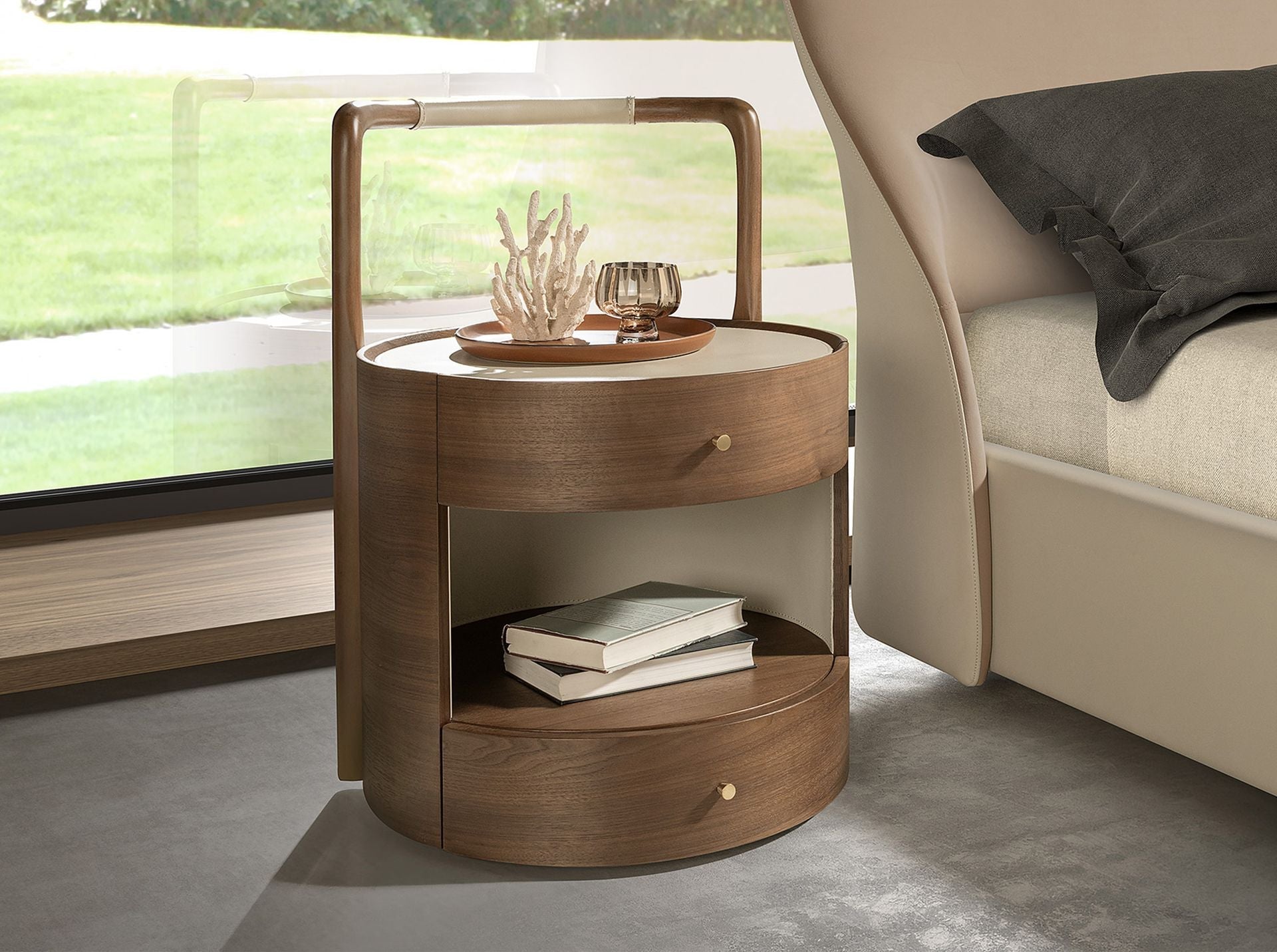 Walnut bedside table with cream leather top