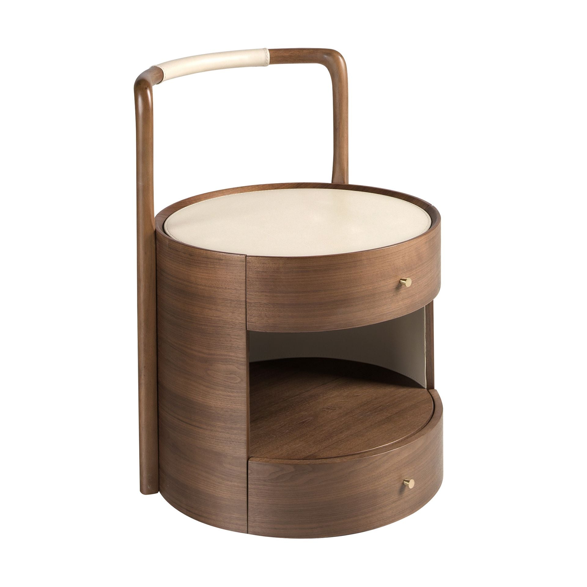 Walnut bedside table with cream leather top